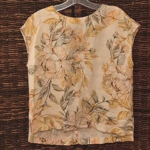 Nicole Miller Womens Small Cream Linen Button Back Floral Tank Blouse Shirt Top